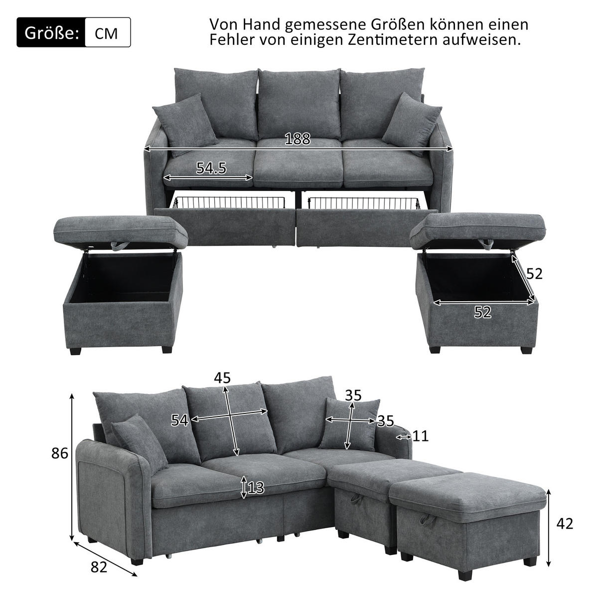 ECKSOFA U-Form Chenille mit Schlaffunktion und Stauraum 3-Sitzer und 2 Hocker 188/186/86 cm Dunkelgrau - Dunkelgrau, Kunststoff/Textil (186/188cm) - Redom
