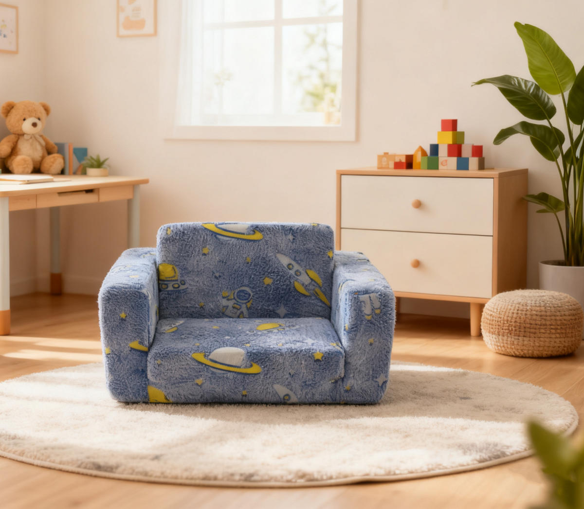KINDERSOFA Aufklappbares Kleinkindsofa Stoff leuchtendes Motiv 106/63/28,5 cm Blau - Blau, Textil (63/28.5/106cm) - Redom