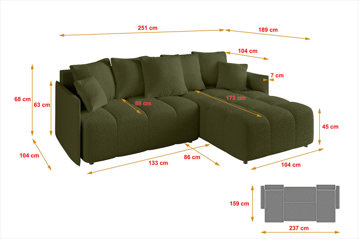 ECKSOFA Ottomane rechts LONLI-L 251x189x68 Olivgrün Bouclé - Olivgrün, Holzwerkstoff/Kunststoff (189/251cm) - ALTDECOR