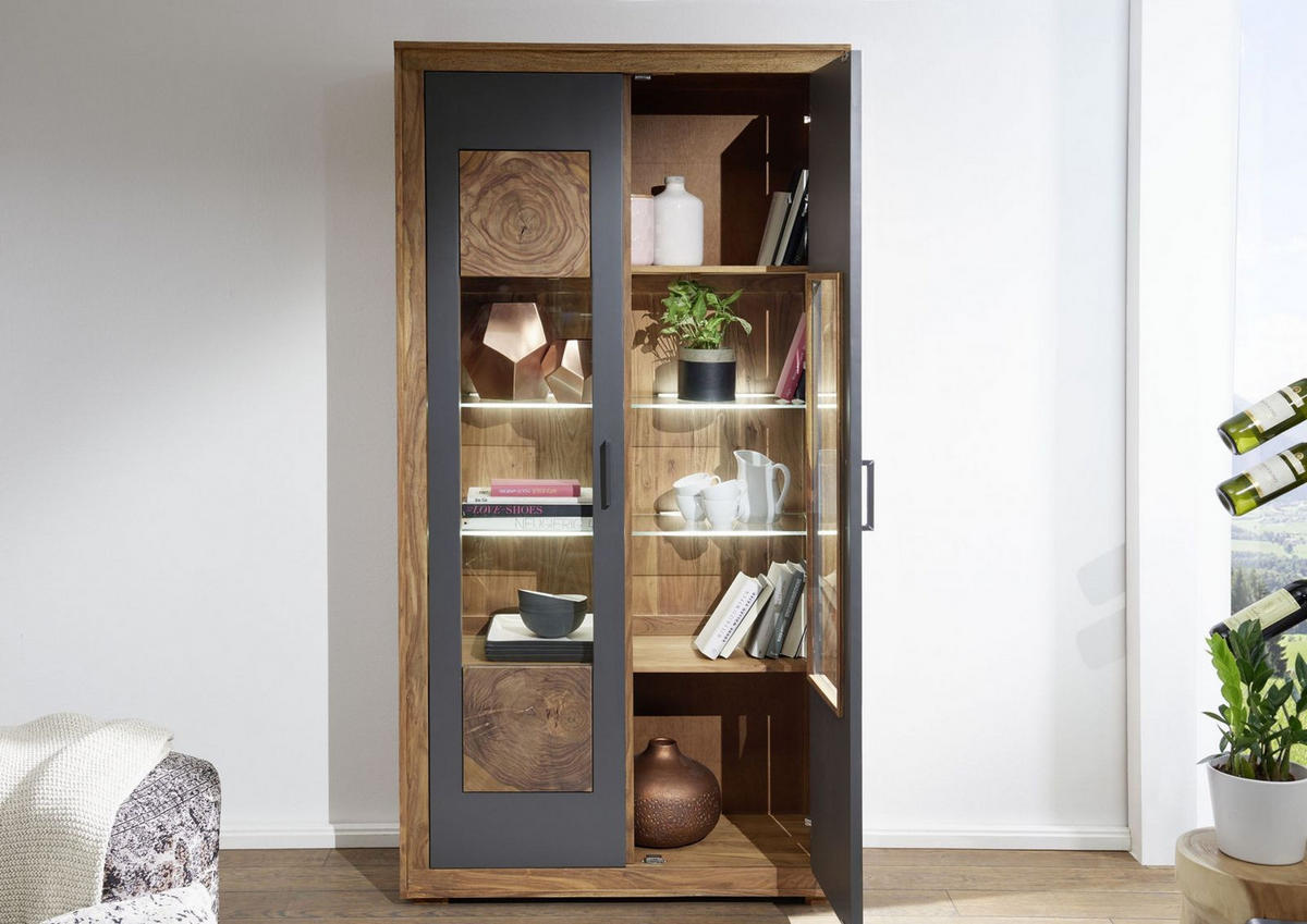 VITRINE Sheesham 103x40x201 gebeizt TURIN #05 - Braun, Holz (103/201/40cm) - Massivmoebel24