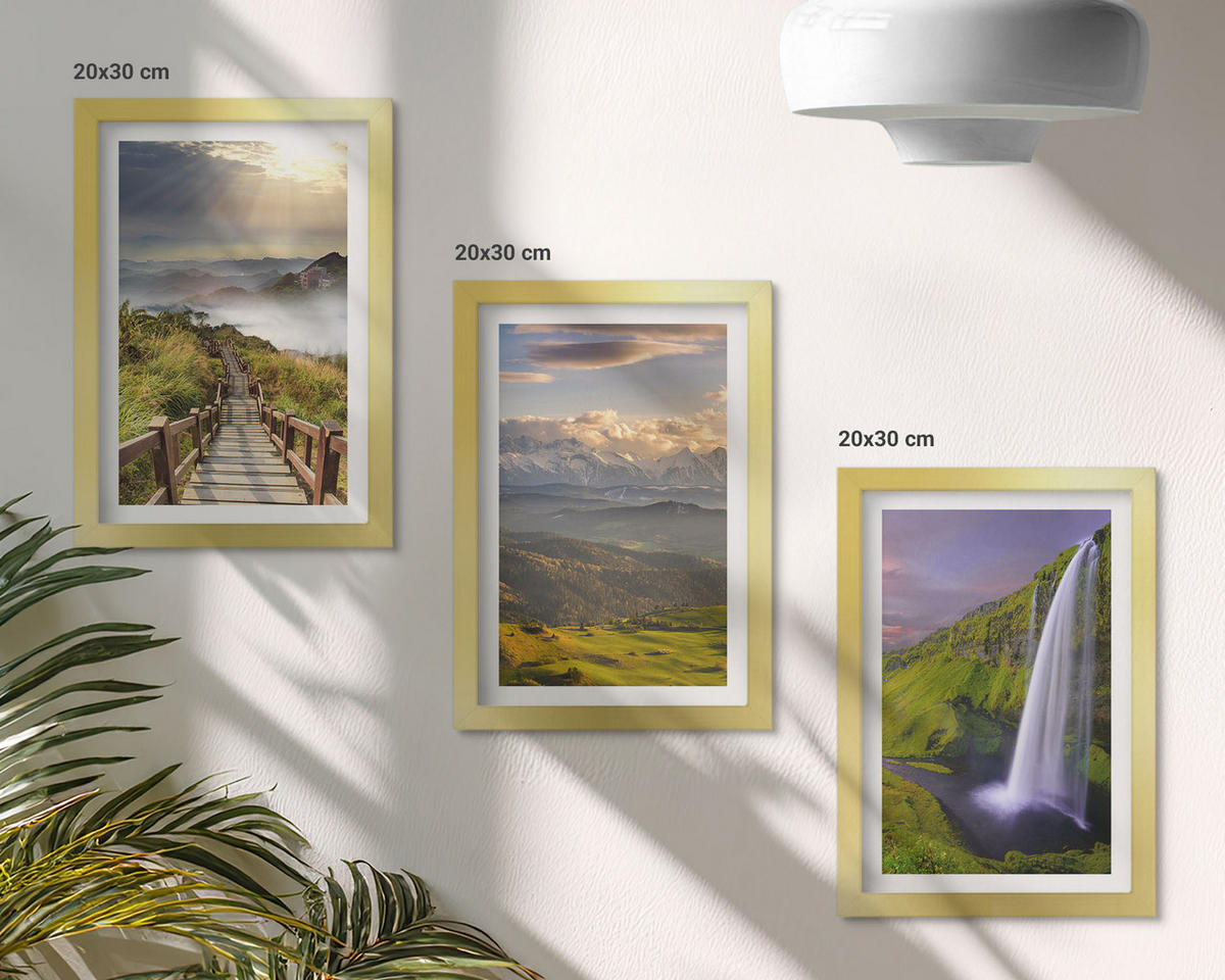 BILDER SET 3er Set - 20x30 cm Goldrahmen - Berglandschaften Wasserfall - Goldfarben, Kunststoff (20/30cm) - TULUP