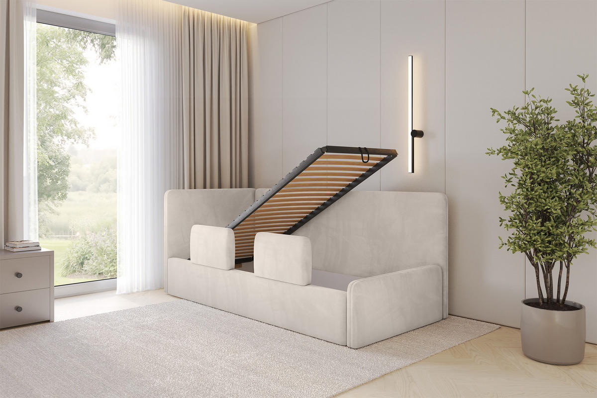 EINZELLBETT Jugendbett mit Bettkasten, Rechts - NORY 100x200 Beige - Sandfarben, Holzwerkstoff/Textil (100/200cm) - ALTDECOR