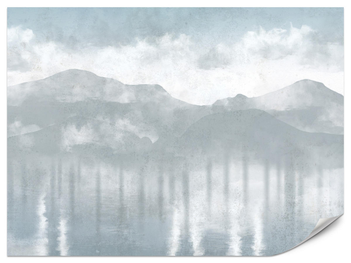 FOTOTAPETE für Schlafzimmer Blaue Berglandschaft Nebel Modern Vintage Himmel 500x350 - Grau, Papier (500/350cm) - Muralo