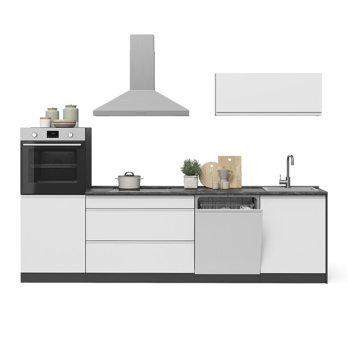 KÜCHENZEILE R-Line, Weiß/Anthrazit, 280 cm Arbeitsplatte Platin - Anthrazit/Weiß, Holzwerkstoff (280/143/60cm) - Vicco