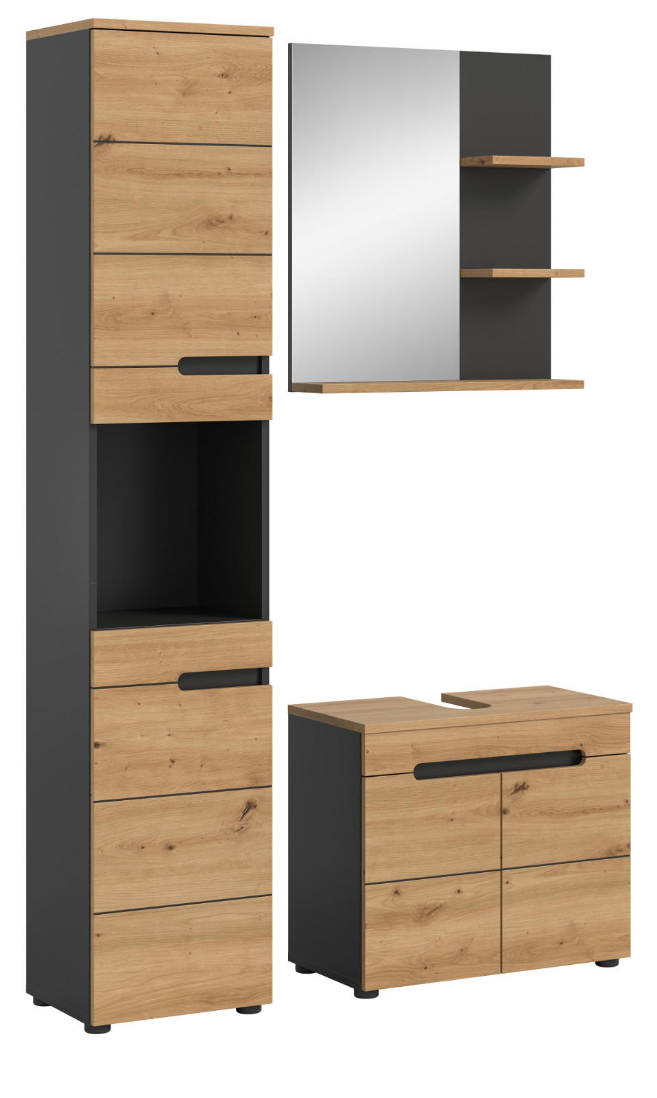 BADMÖBEL-SET Eiche, grau 3-teilig 116 cm, Komplettset mit Soft-Close - Schwarz/Eiche Artisan, Glas/Holzwerkstoff (116/193/34cm) - Inn.Furn