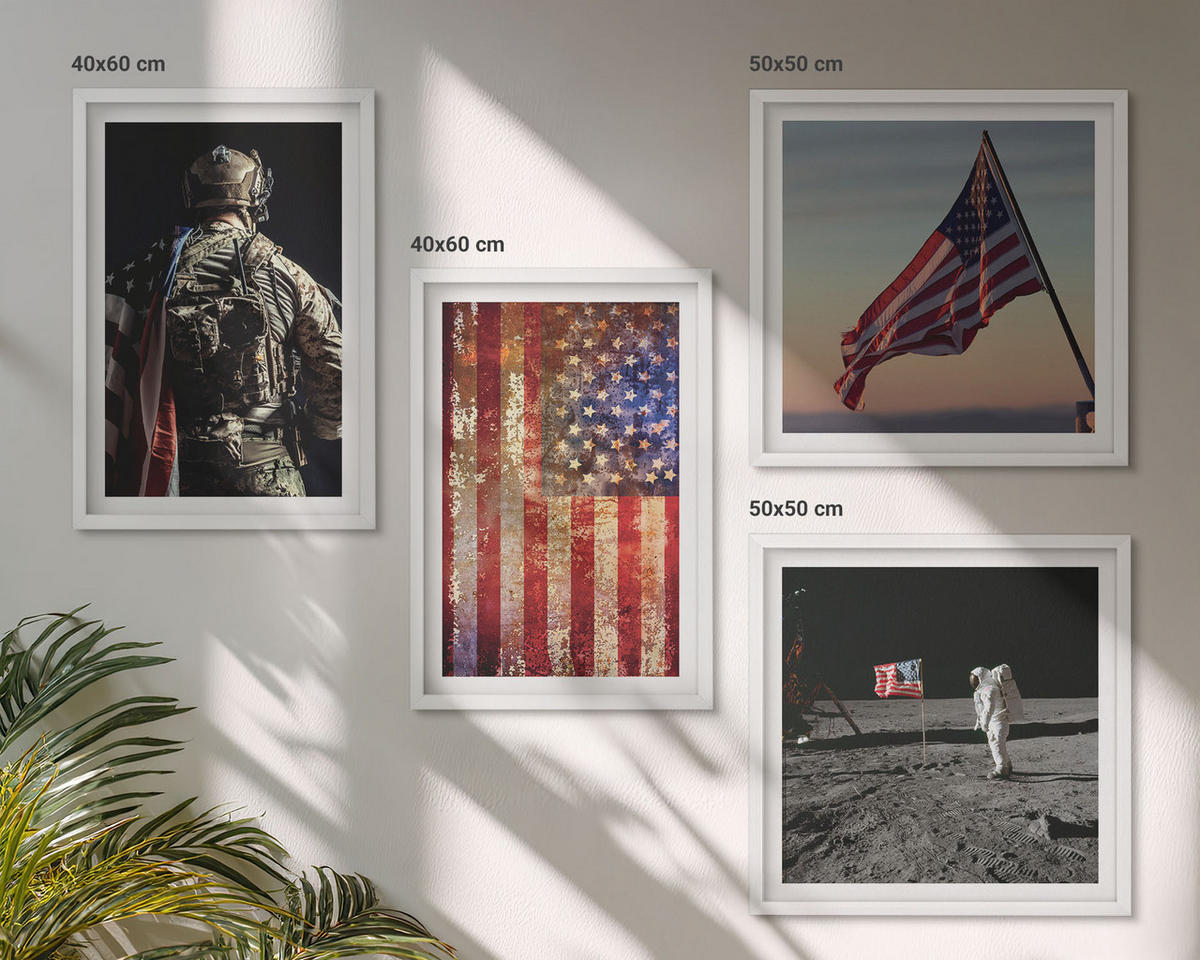 BILDER SET 4er Set - 50x50 cm & 40x60 cm Weißer Rahmen - Amerikanische Symbole, USA-Flagge - Weiß, Kunststoff (50/50cm) - TULUP