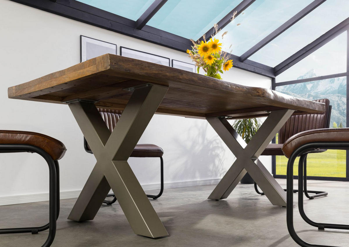 BAUMTISCH Mango 180x90x77 natur lackiert FREEFORM 5 / X-Beine silber matt - Braun, Holz (90/180/77cm) - Massivmoebel24