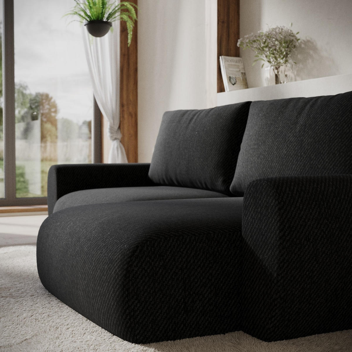 ECKSOFA OMARI mit Schlaffunktion Schwarz im Neve Stoff - Schwarz, Holz/Holzwerkstoff (253/153cm) - AltaBeds