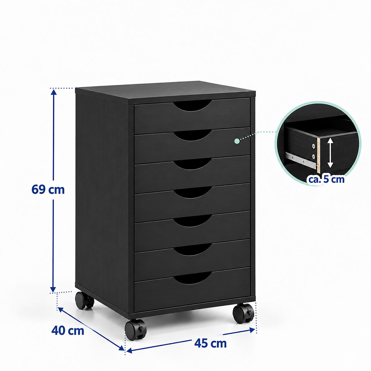 ROLLCONTAINER Industrial-Schwarz 7 Schubladen - Schwarz, Holzwerkstoff/Kunststoff (45/69/40cm) - Relaxdays