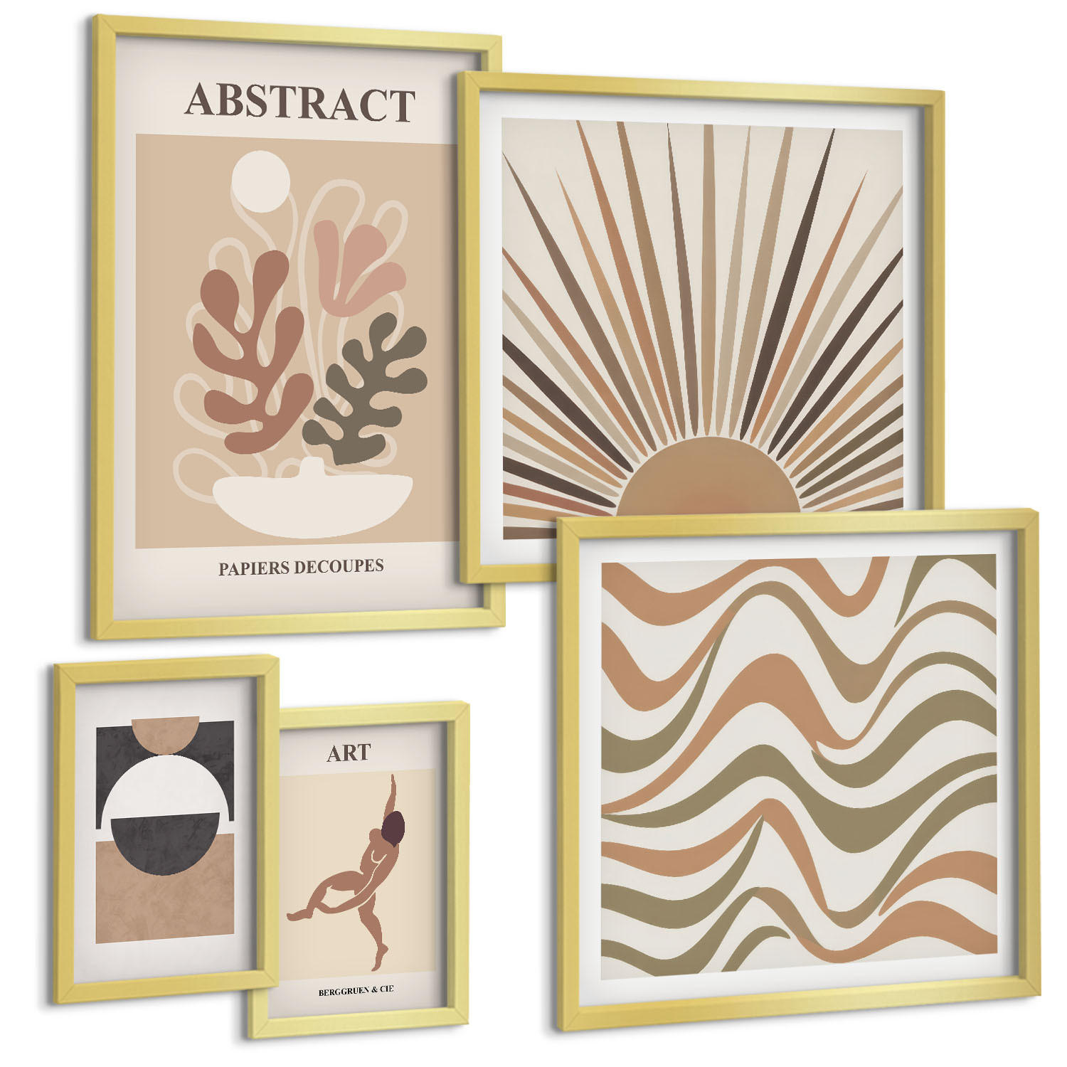 BILDER SET 5er Set - 50x50 cm & 20x30 cm & 40x60 cm Goldrahmen - Matisse Boho abstrakte Muster - Goldfarben, Kunststoff (40/60cm) - TULUP