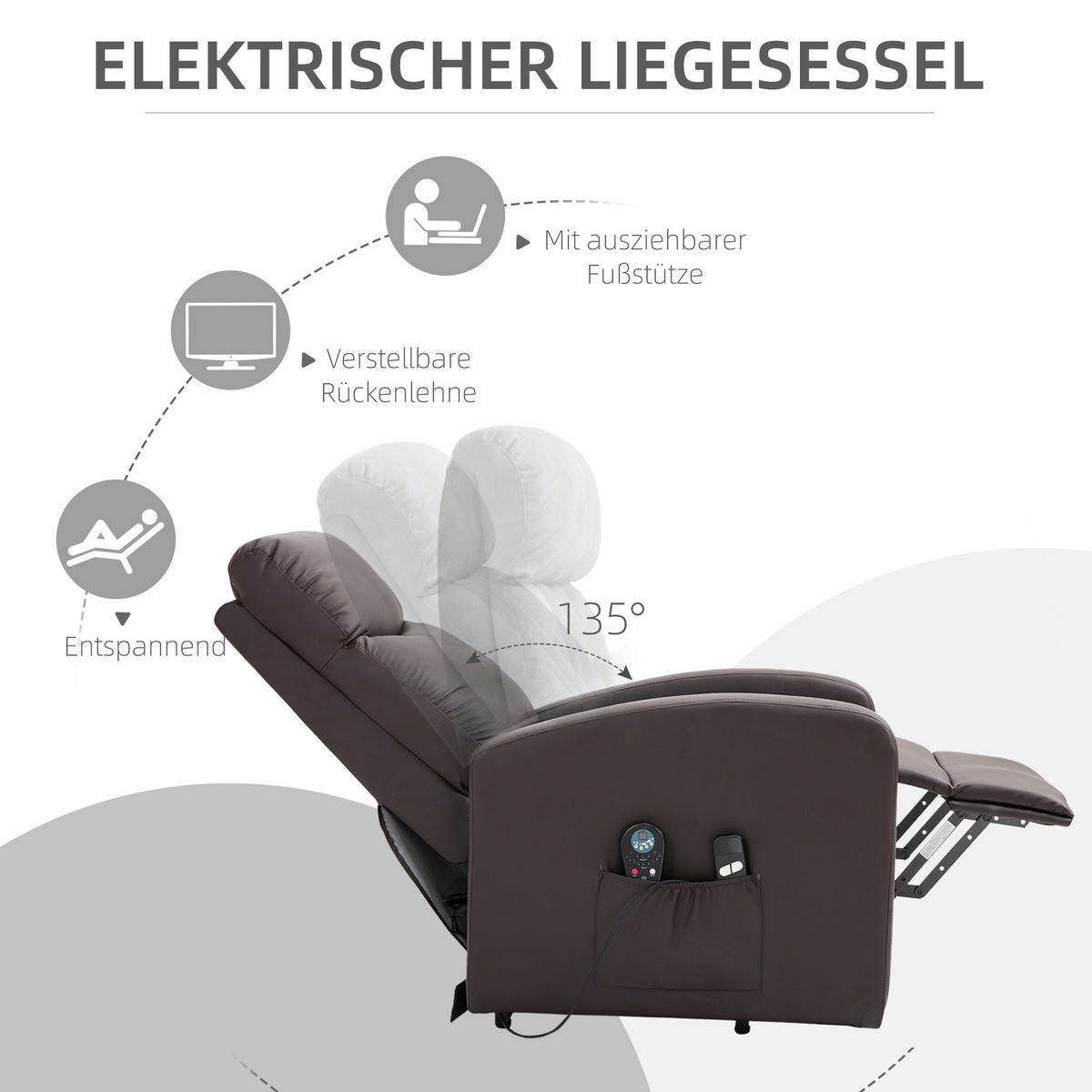 SESSEL mit Aufstehhilfe, Massagesessel mit Liegefunktion, Fernbedienung, Braun - Braun, Kunststoff (89/105/72cm) - HOMCOM