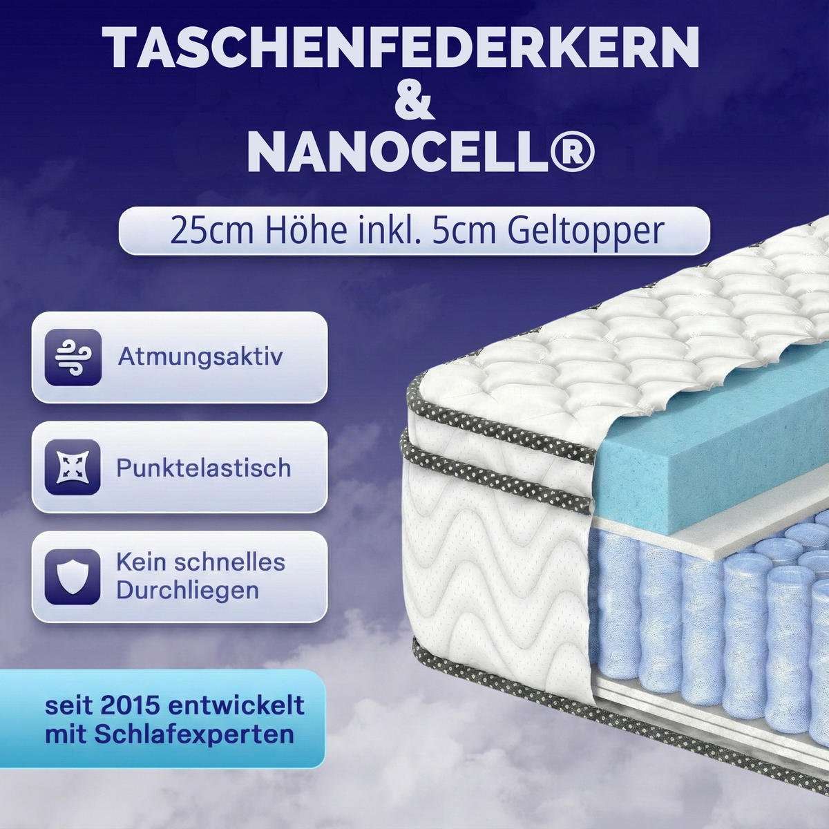 TASCHENFEDERKERNMATRATZE VIKTORIA Höhe 25cm 90x200cm - Weiß, Textil/Metall (90/200cm) - Arensberger