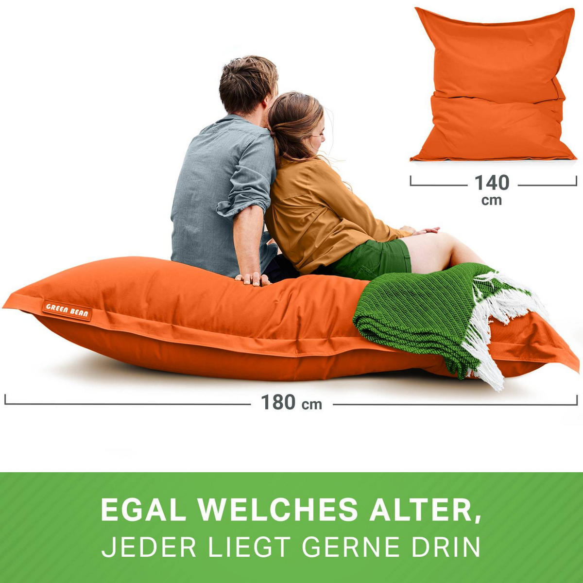 RIESEN-SITZSACK "Square" 140x180cm 380 L - Orange, Textil (140/25/180cm) - Green Bean