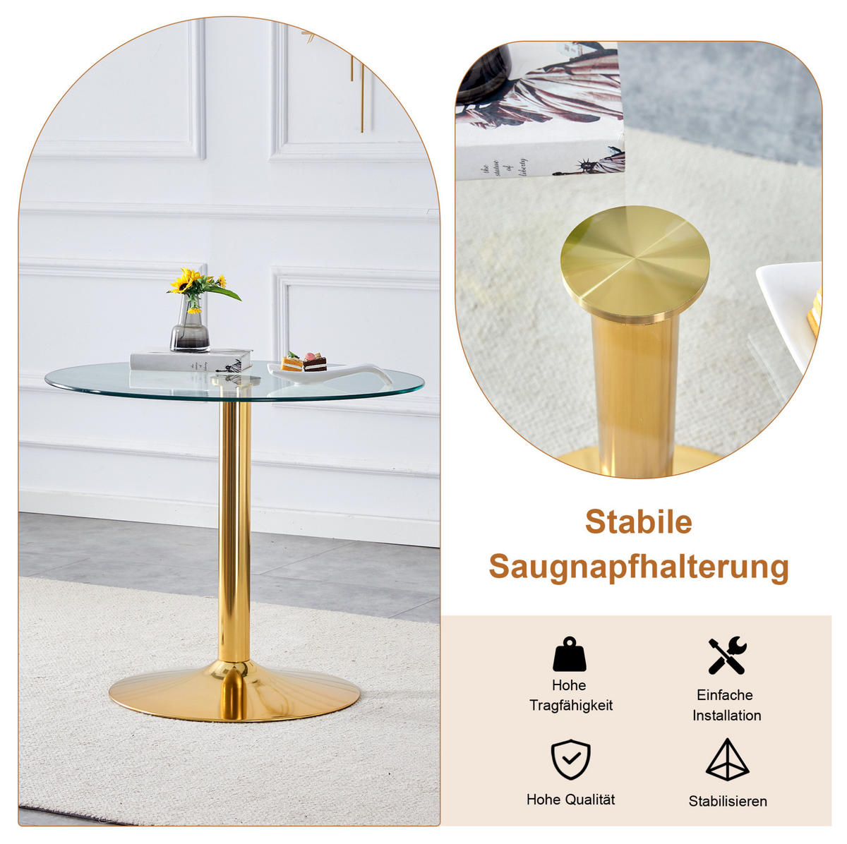 TISCH-STUHL-SET Glas 85 cm Gold Hellgrau 5-tlg. - Goldfarben, Metall (85/76/85cm) - Meubliv