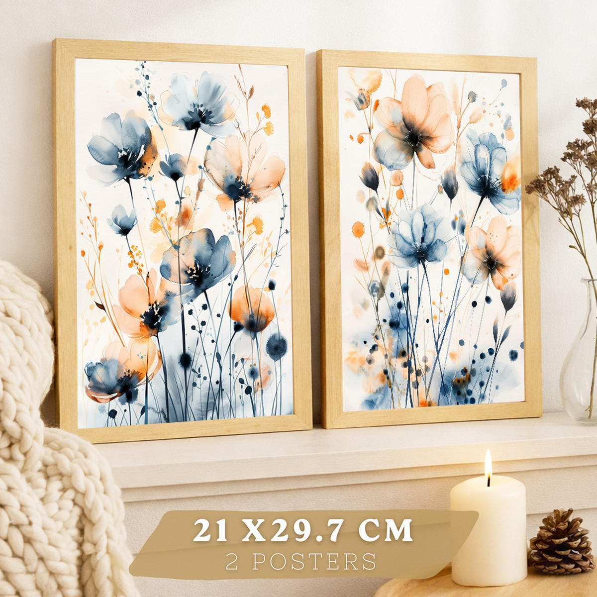 PLAKAT Sada 2 Modro-oranžový květ A3 Lehký dřevěný rám - béžová, papír (29.7/1/42cm) - Nacnic