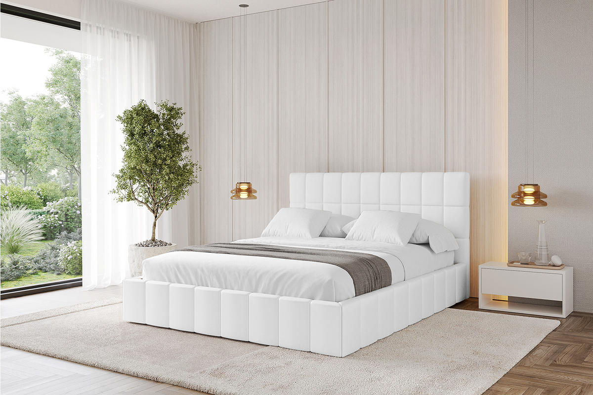 POLSTERBETT mit Bettkasten und Lattenrost, Boxbett ohne Matratze - AMEA 180x200 Weiß Kunstleder - Weiß Hochglanz, Holzwerkstoff/Textil (180/200cm) - ALTDECOR