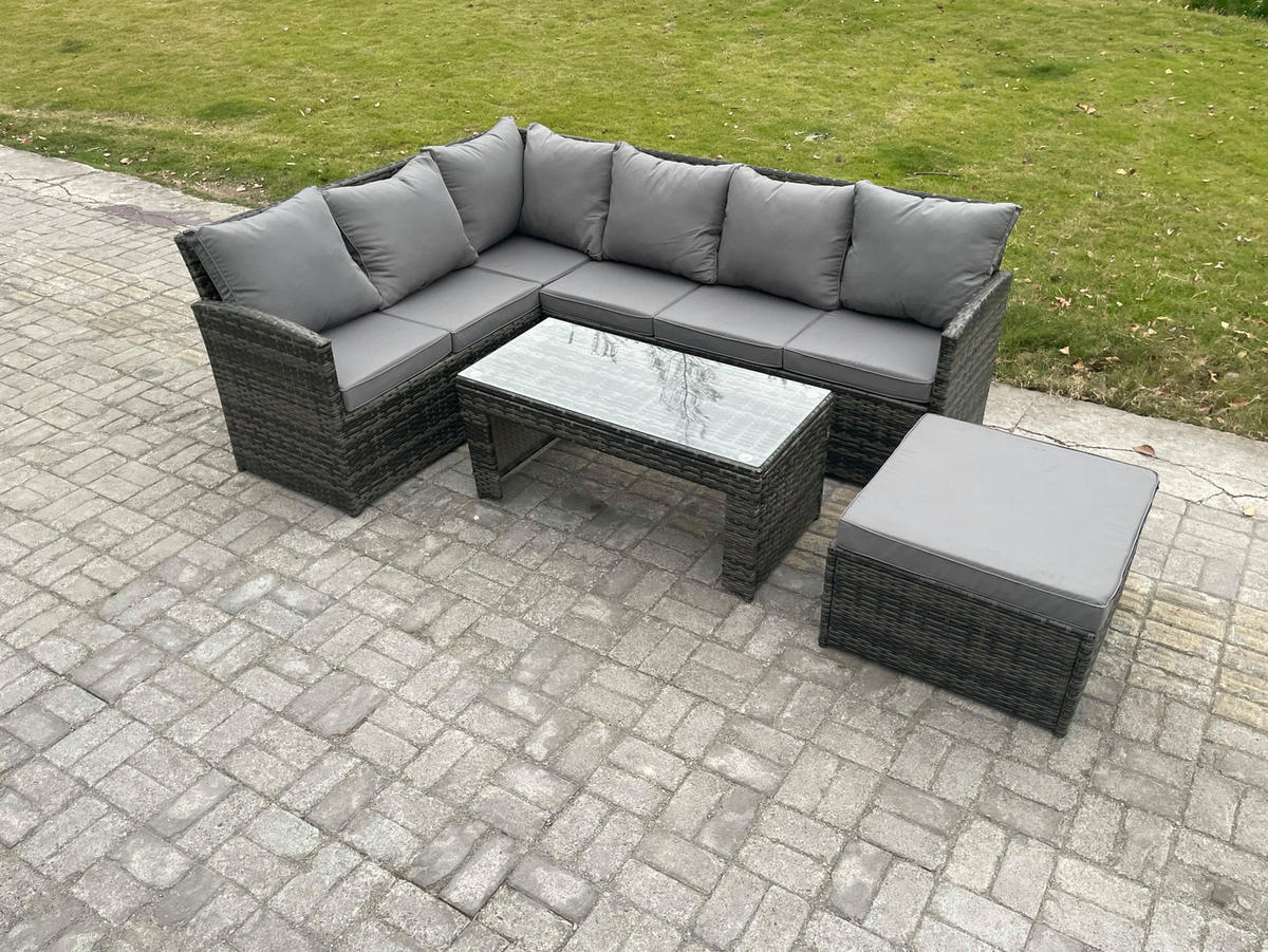 SITZGRUPPE mit Ecksofa,Länglicher Couchtisch Polyrattan 7-Sitzer - Dunkelgrau/Grau, Glas/Kunststoff - Fimous
