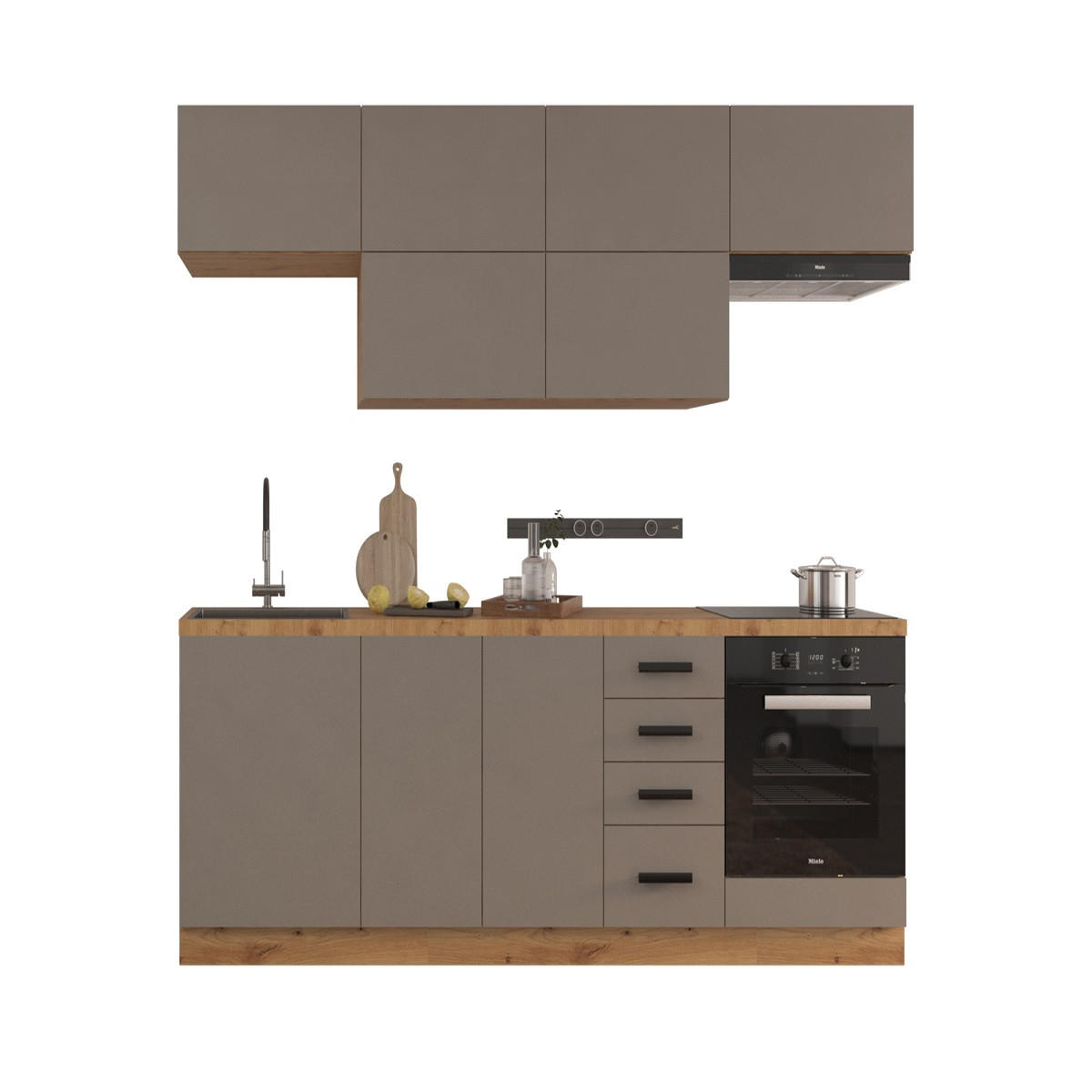 KÜCHENZEILE 240 - Langen KL2-M240 in Beige/Matt - Beige/Schwarz, Holz/Metall (240/212/58cm)