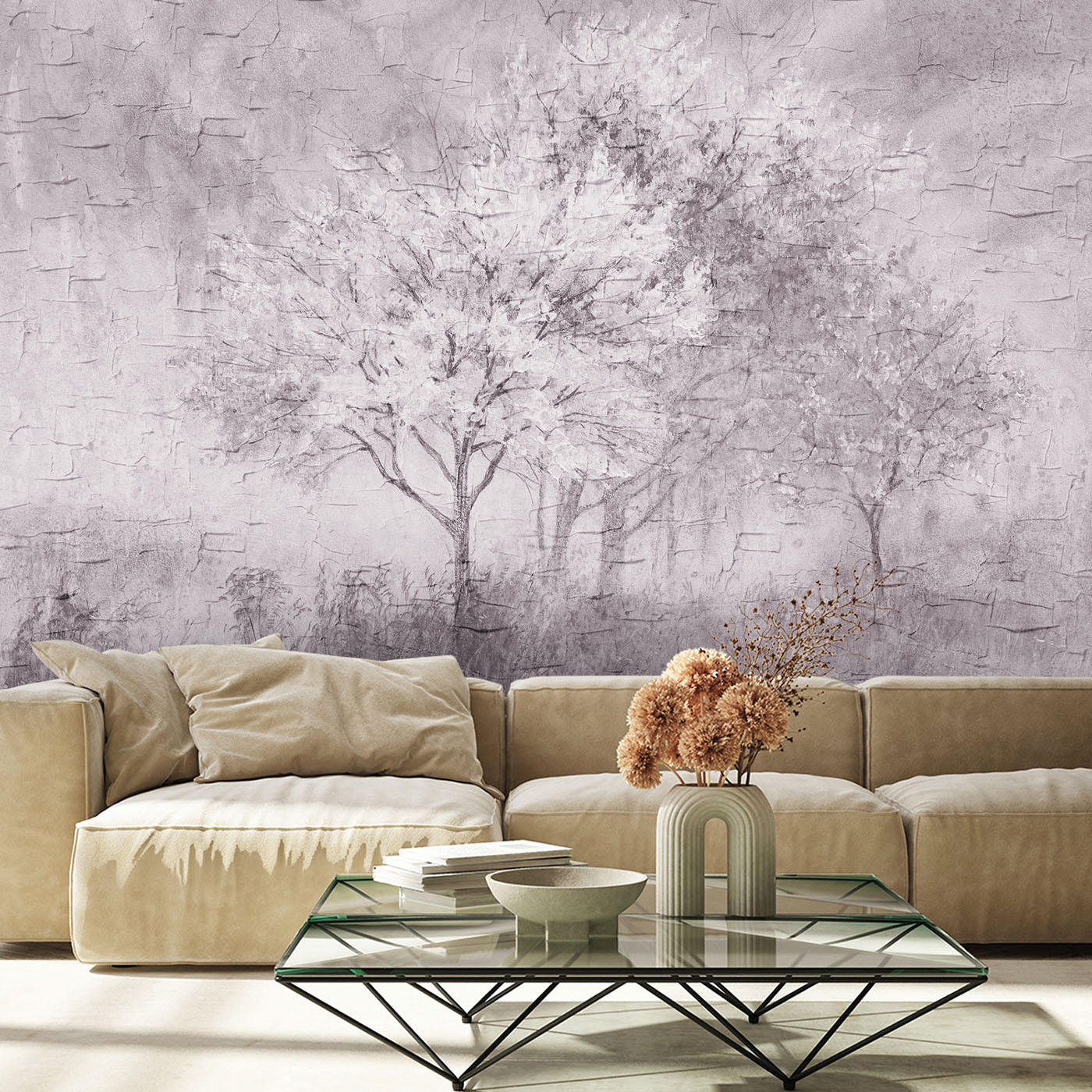 FOTOTAPETE, Ein blühender Baum in der Wiese Aquarell - Grau, Papier (368/254cm) - Feeby