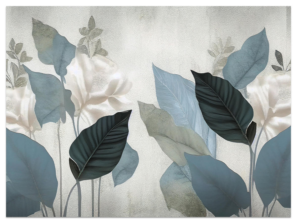 FOTOTAPETA Pre Obývaciu Izbu Modré Listy Betón Vintage Minimalistická 400 x 280 cm - sivá, papier (400/280cm) - Muralo