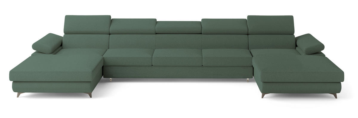 WOHNLANDSCHAFT VIVENTE Grün Boucle-Stoff mit Schlaffunktion - Grün, Holz (410/89/190cm) - MASSENO