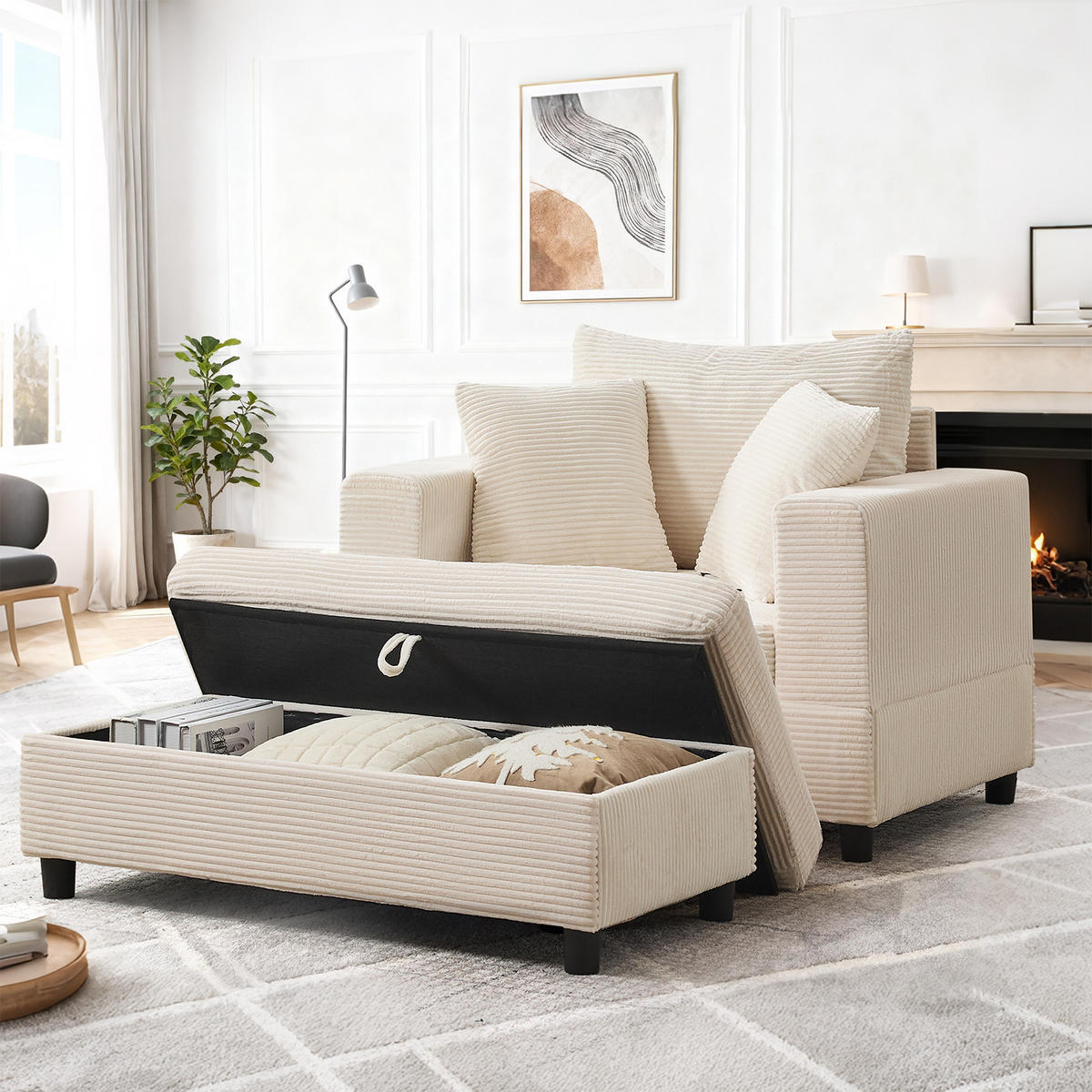 SOFA Cord Beige mit Stauraum - Beige, Holzwerkstoff/Kunststoff (137.5/89/81cm) - WISHDOR
