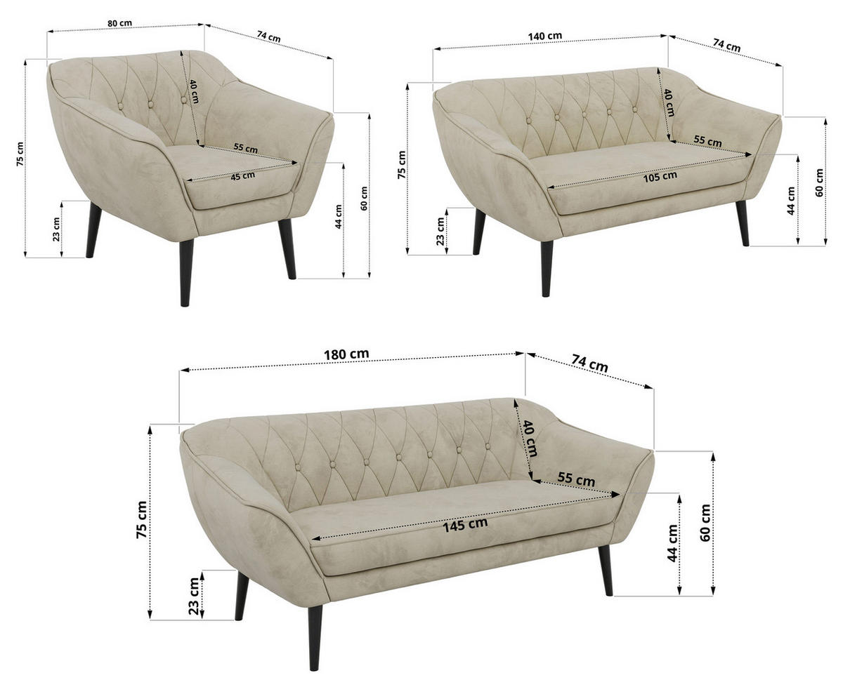 SEDACÍ SOUPRAVA 3+2+1 PIRS - Béžová Samet - Černé nohy - černá/béžová, kompozitní dřevo/textil (180/75/74cm) - MKS