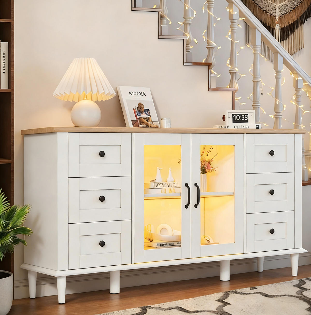 KOMODA 150/40/75 cm biela a v dekore dreva z MDF s LED osvetlením, 6 zásuvkami a akrylovými dvierkami - biela, kompozitné drevo (150/75/40cm) - OKWISH