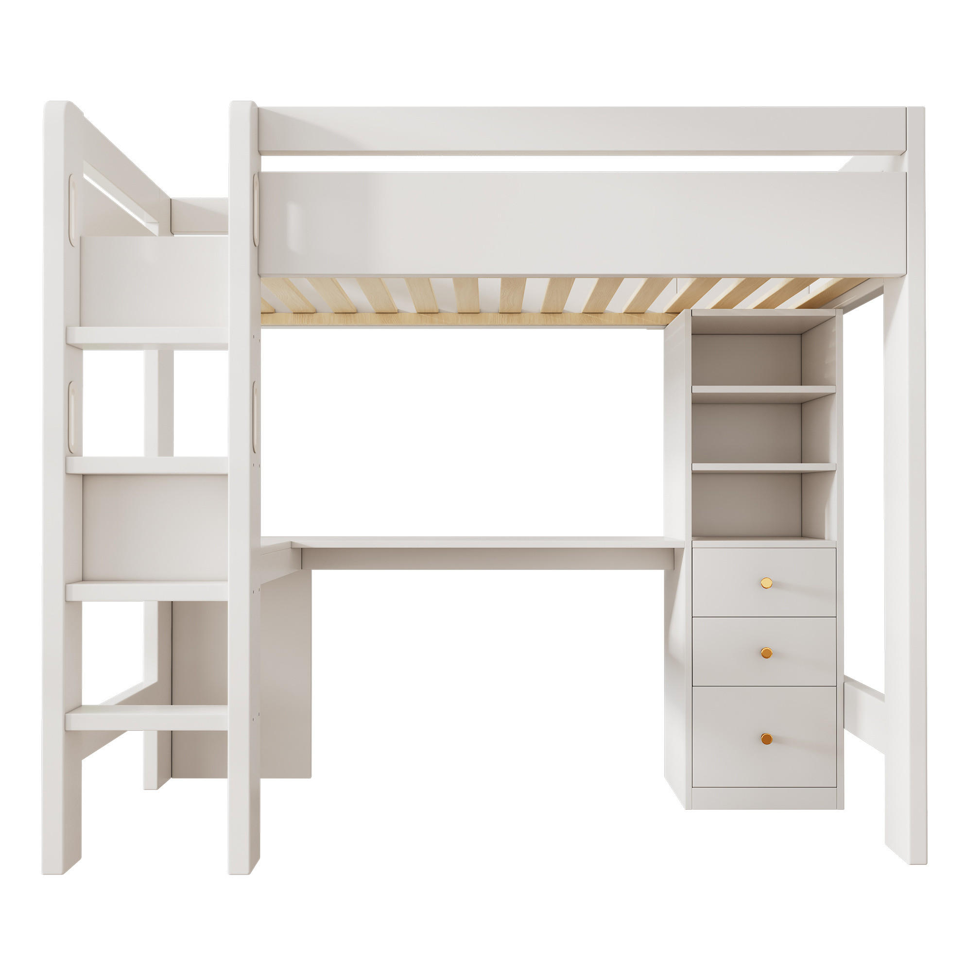 OKWISH VYSOKÁ postel 206/108/175 cm bílá s rohovým psacím stolem a úložným prostorem z MDF a masivního dřeva