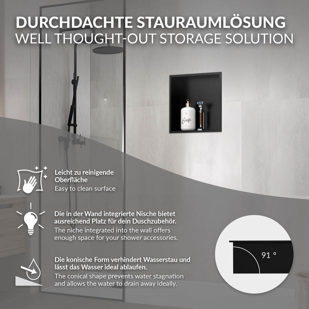 DUSCHNISCHE Schwarz 30/30 cm - Schwarz, Metall (30/30/10cm) - LuxeBath