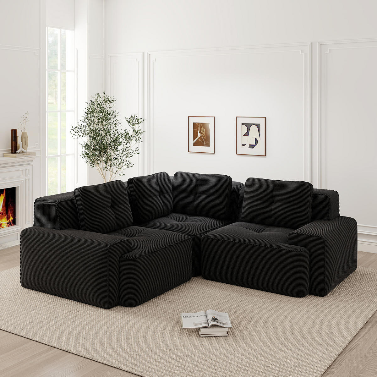 3-SITZER Sofa 177x104x69 cm aus Cordstoff rahmenlos modular, schwarz - Schwarz, Textil (104/69/177cm)
