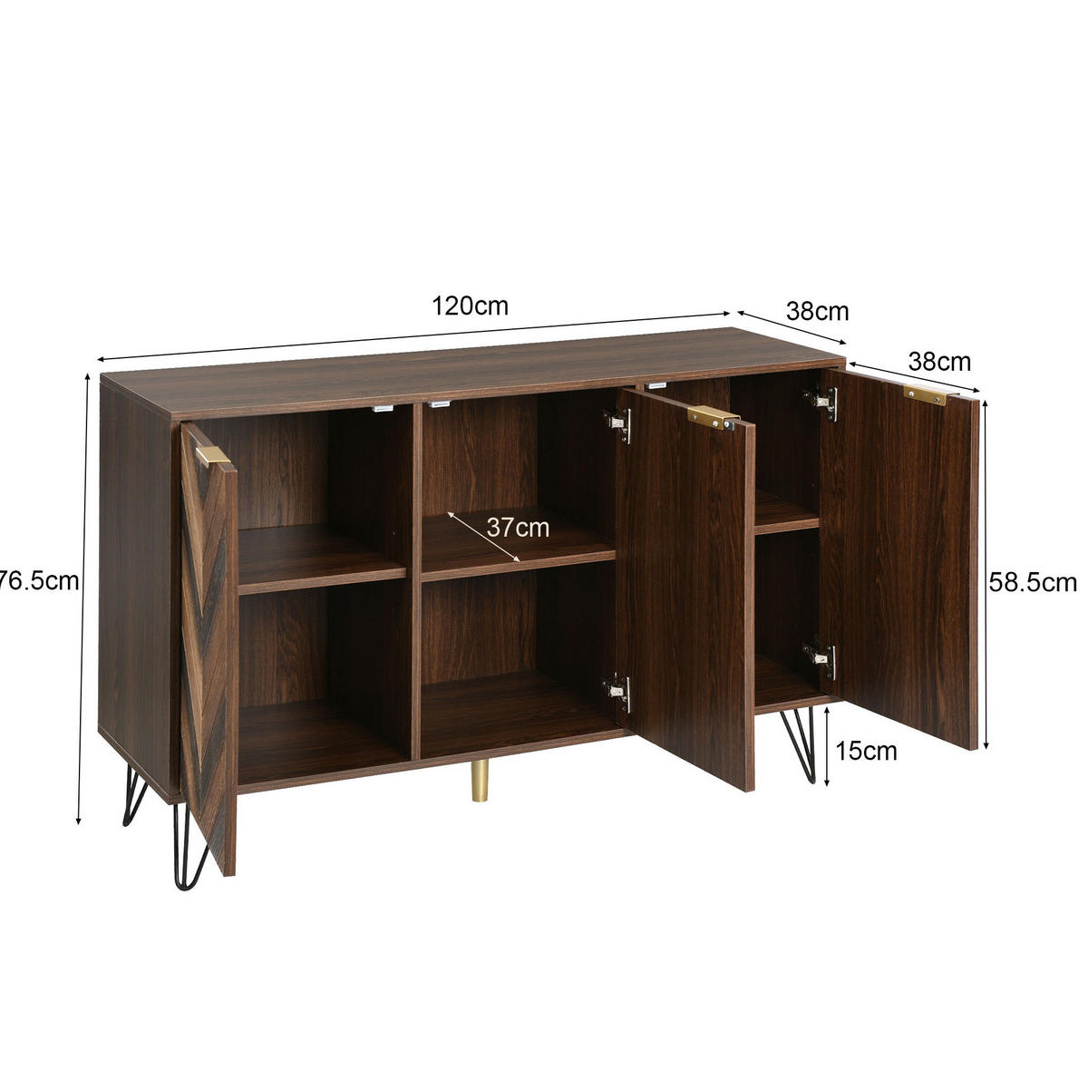 SIDEBOARD 120/38/76,5 cm mit 3 Türen in Naturfarbe und goldfarbenen Griffen - Naturfarben, Holzwerkstoff (120/76.5/38cm) - BEAOK