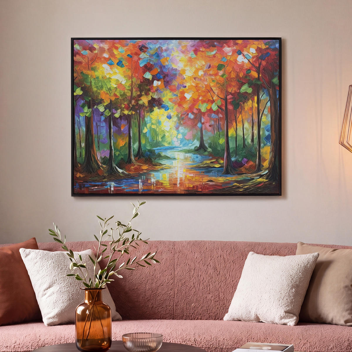 LEINWAND Bilder mit Rahmen - Landschaft - Wald - Farben - Natur - 100x70 - Multicolor, Textil (100/70cm) - MuchoWow