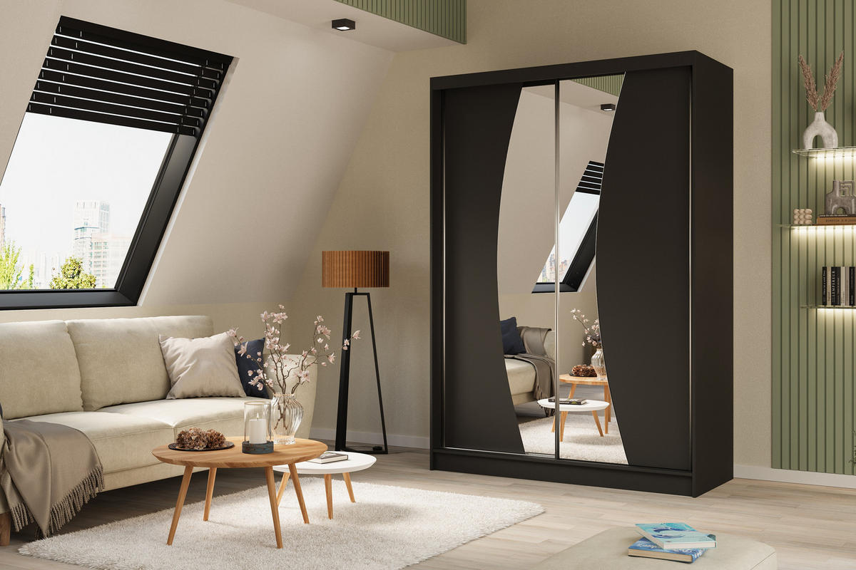 KLEIDERSCHRANK mit Spiegel-Schiebetüren und Aluminium-Leisten, LED-Beleuchtung - VOXI - 150 cm Schwarz - Schwarz, Holzwerkstoff (150/216/61cm) - ALTDECOR