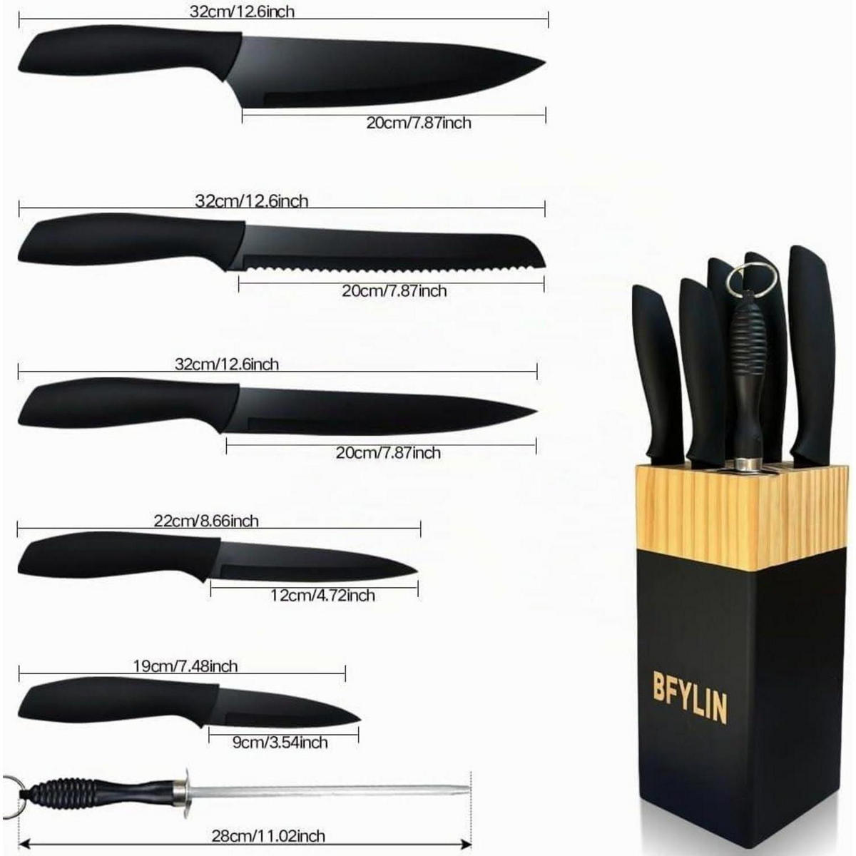 KÜCHENMESSER Set 7-teilig mit Holzblock und Antihaftbeschichtung - Silberfarben, Metall
