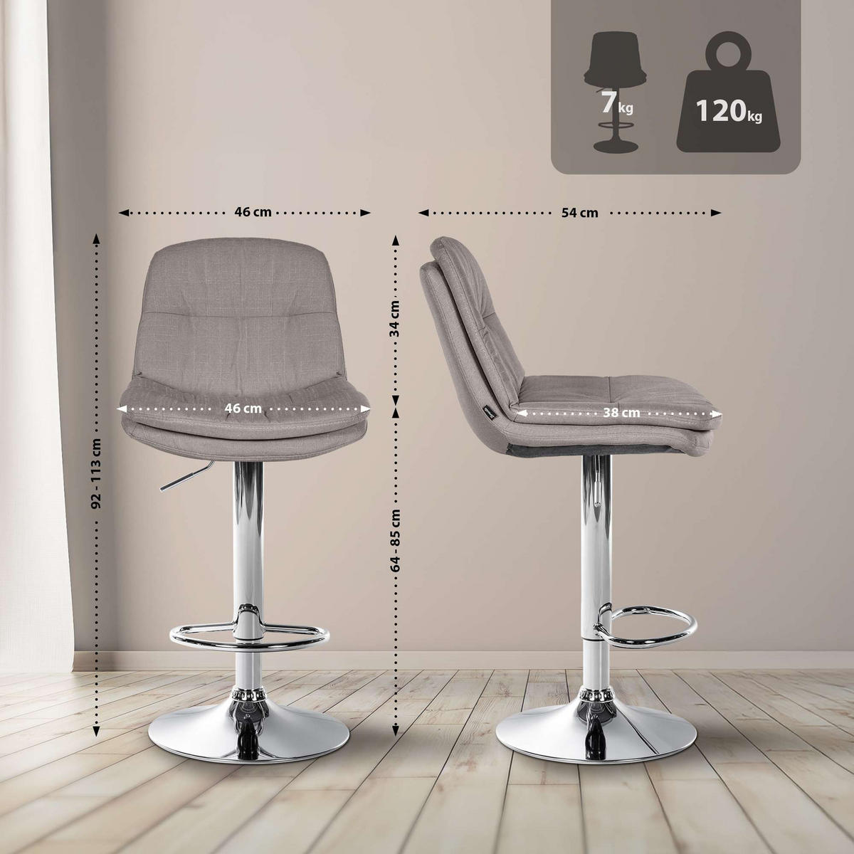 BARHOCKER Laura Stoff chrom grau - Chromfarben/Grau, Textil/Metall (46/113/54cm) - TPFLiving