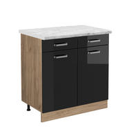 KÜCHENUNTERSCHRANK R-Line Schwarz Hochglanz 80 cm AP Marmor - Schwarz Hochglanz/Eiche Wotan, Holzwerkstoff (80/81.6/60cm) - Vicco