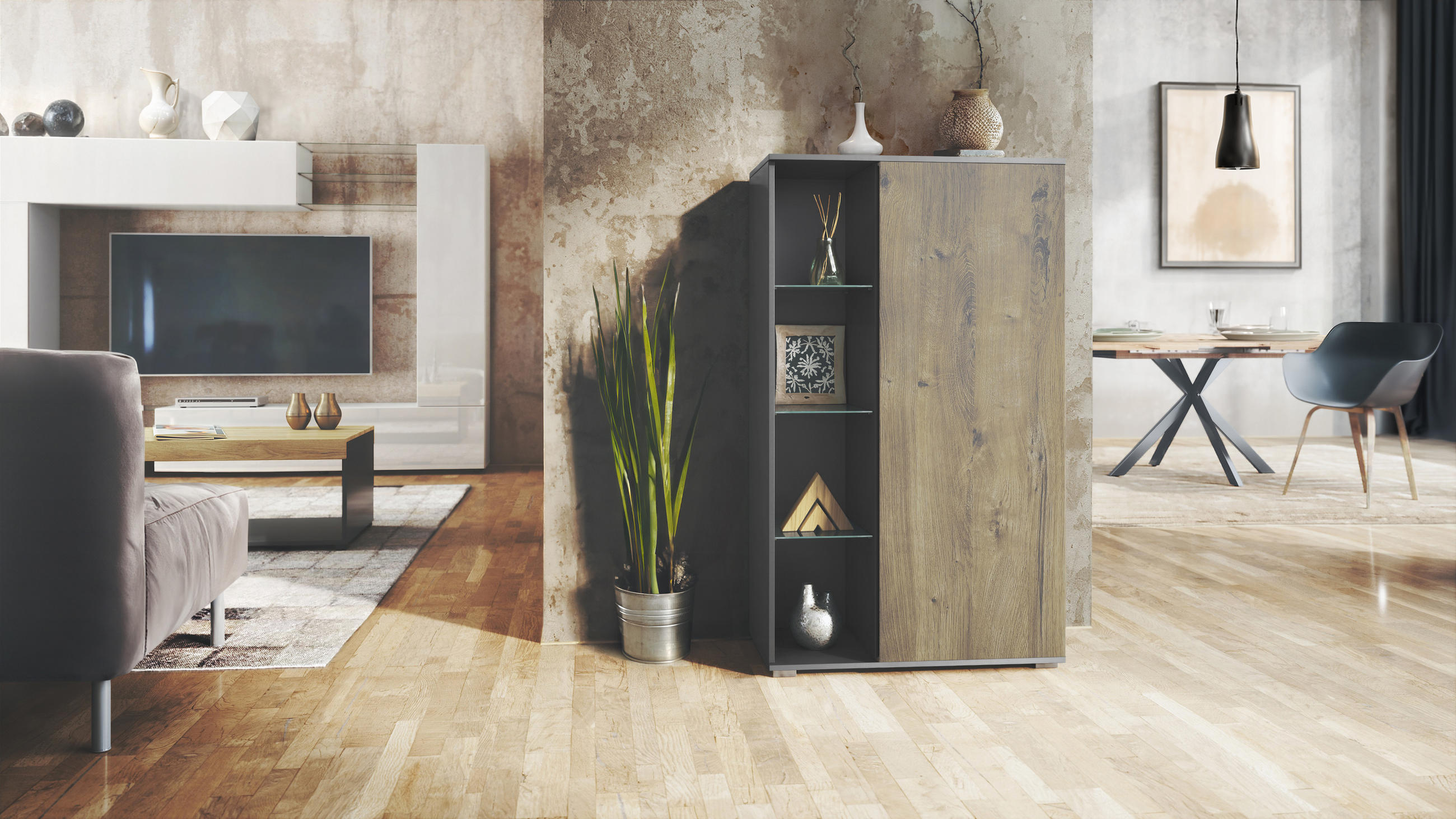 VITRINE Davos Eiche Ribbeck - Alteiche, Holzwerkstoff (71.5/134/35cm) - Vladon