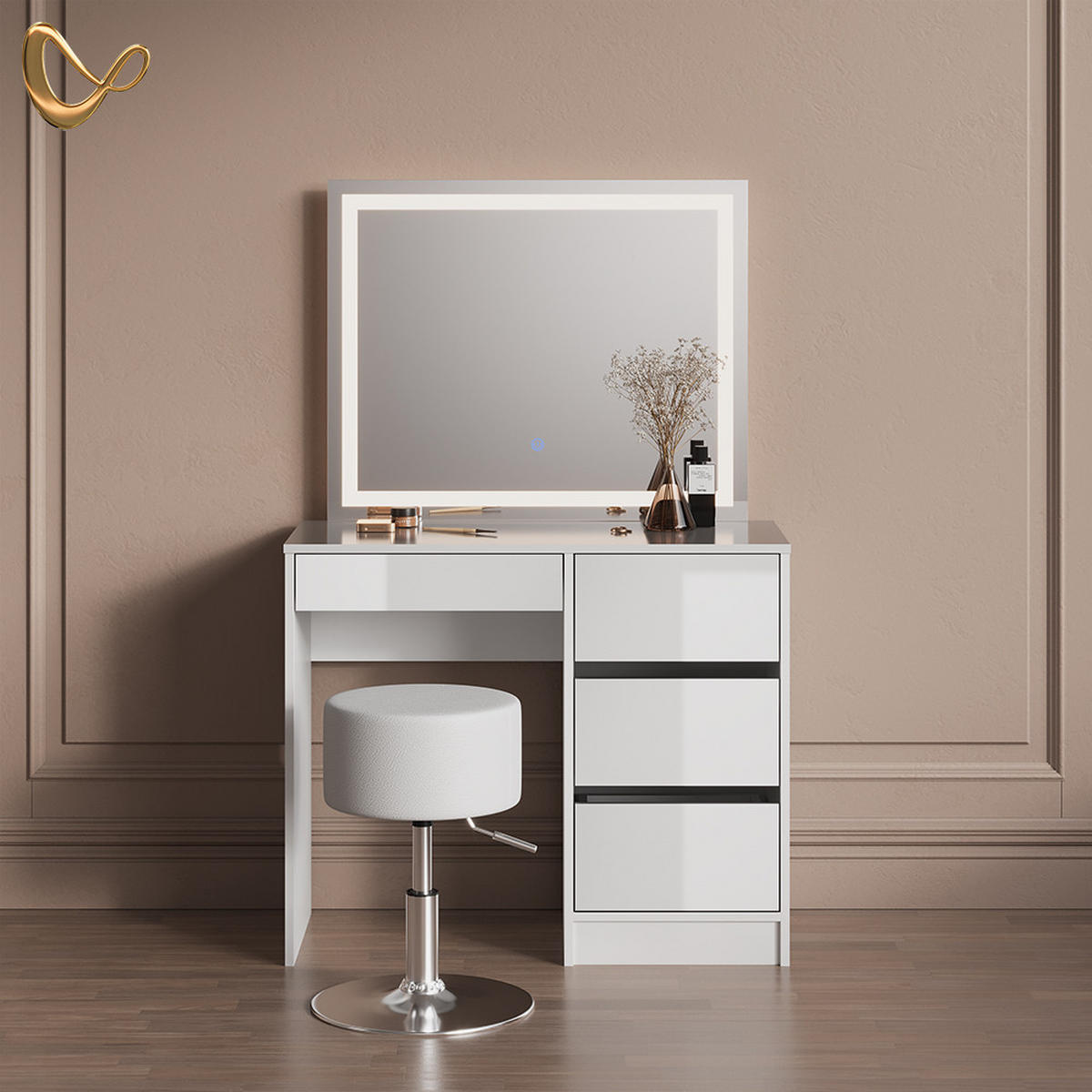 SCHMINKTISCH Imola Weiß mit LED-Spiegel und Hocker - Weiß, Holzwerkstoff (90/75/40cm) - Livinity®
