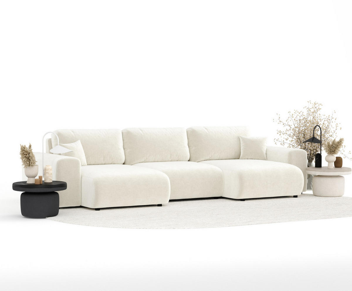 PANORAMASOFA Zanzibar Creme Samtstoff - Creme/Schwarz, Holz/Holzwerkstoff (325/79/144cm) - Maison de Reve