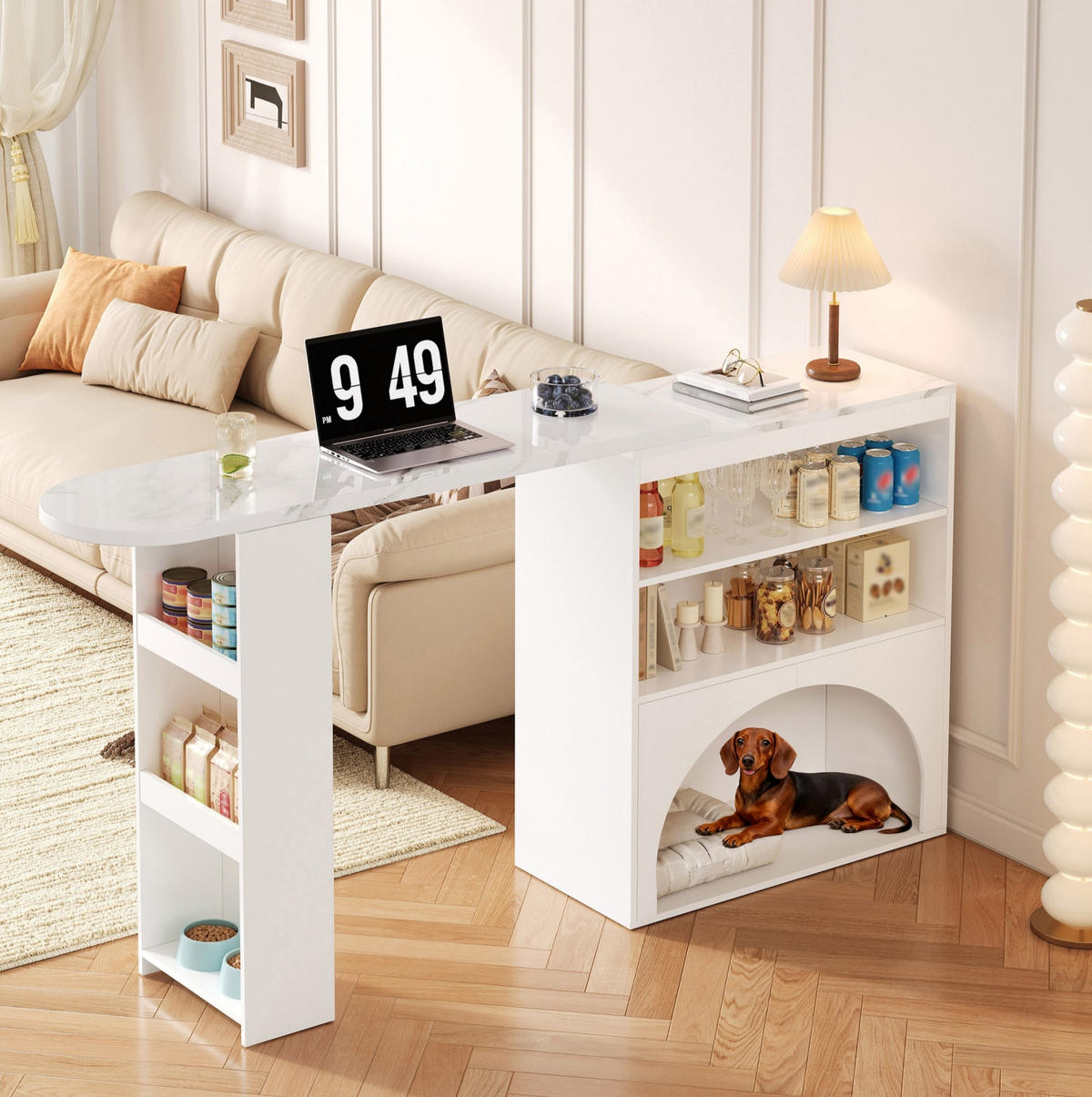 BAROVÝ a jídelní stůl 120(+80)/40/100 cm bílý z MDF s výsuvnou deskou a úložným prostorem - bílá, kompozitní dřevo (120/40/100cm) - OKWISH