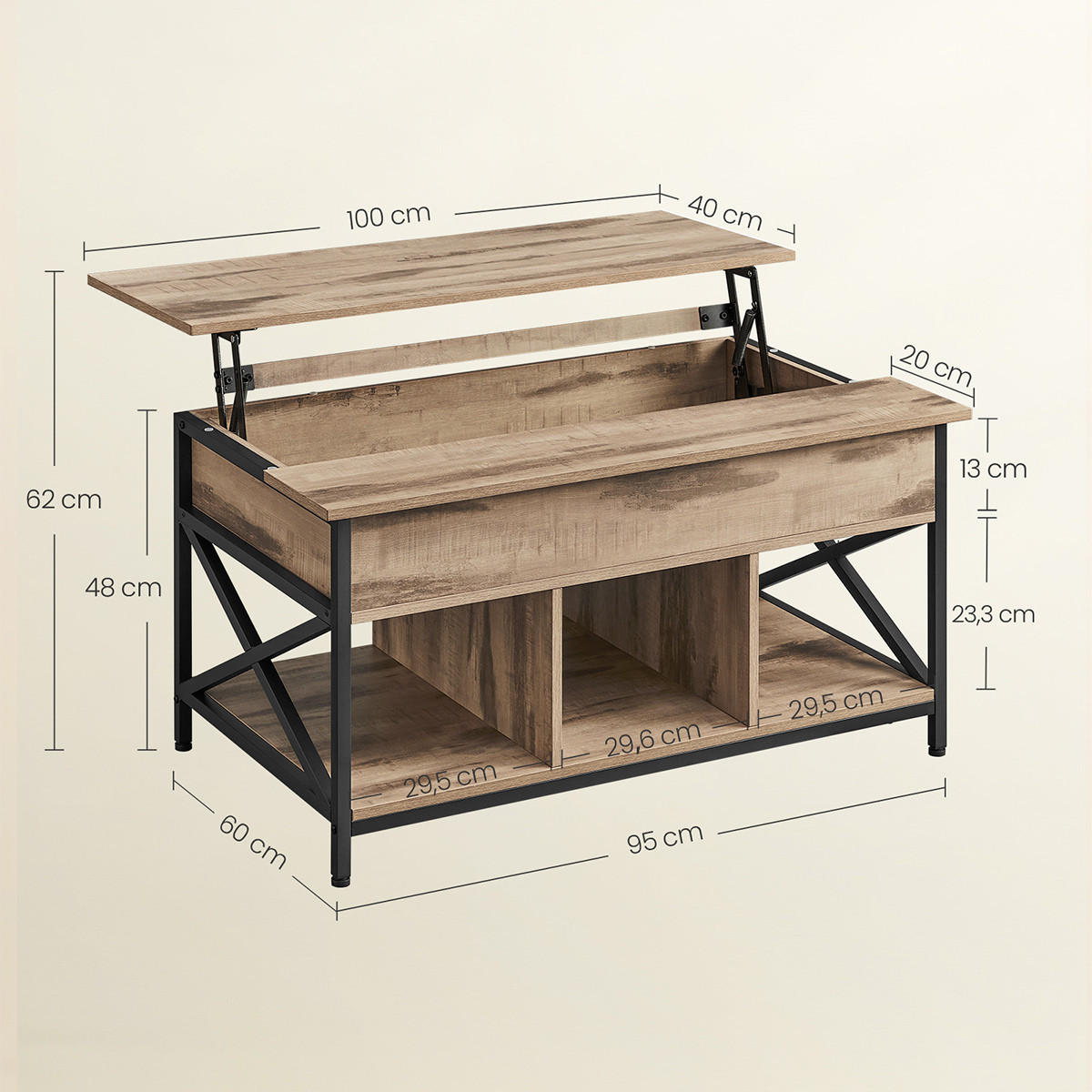 COUCHTISCH mit aufklappbarer Platte B100 cm - Braun, Holzwerkstoff (12.2/60/48cm) - Calicosy