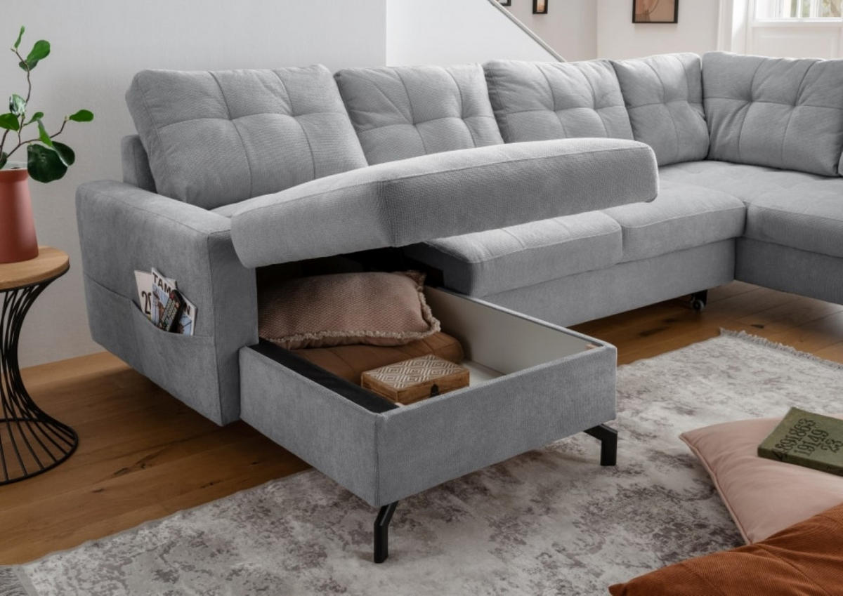 WOHNLANDSCHAFT mit Schlaffunktion und Bettkasten - Schwarz/Grau, Textil/Metall (200/92/305cm) - myHomelando