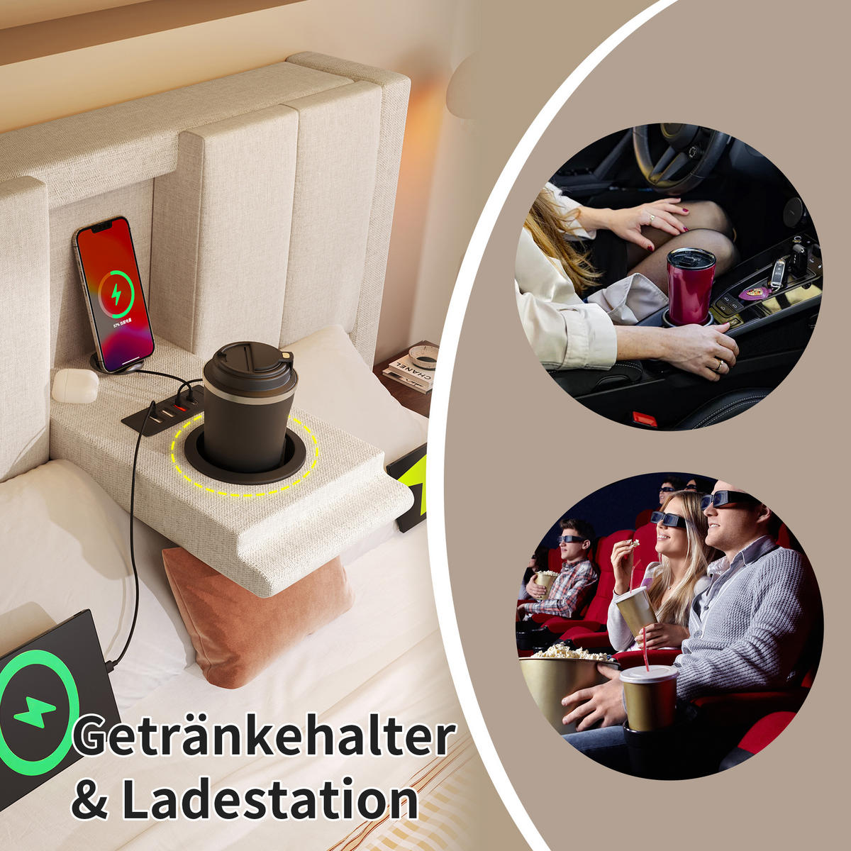 POLSTERBETT 90/200 cm Beige mit Stauraum und integrierter Ladestation mit Matratze aus Leinen - Beige, Textil (90/200cm) - OKWISH