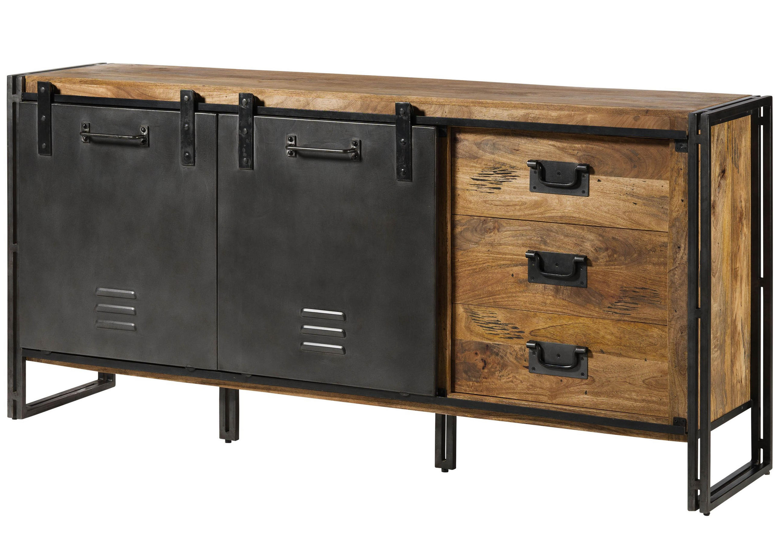 SIDEBOARD Mango 195x45x90 natur lackiert / Metall grau BLACKBURN #307 - Braun, Holz (195/90/45cm) - Massivmoebel24