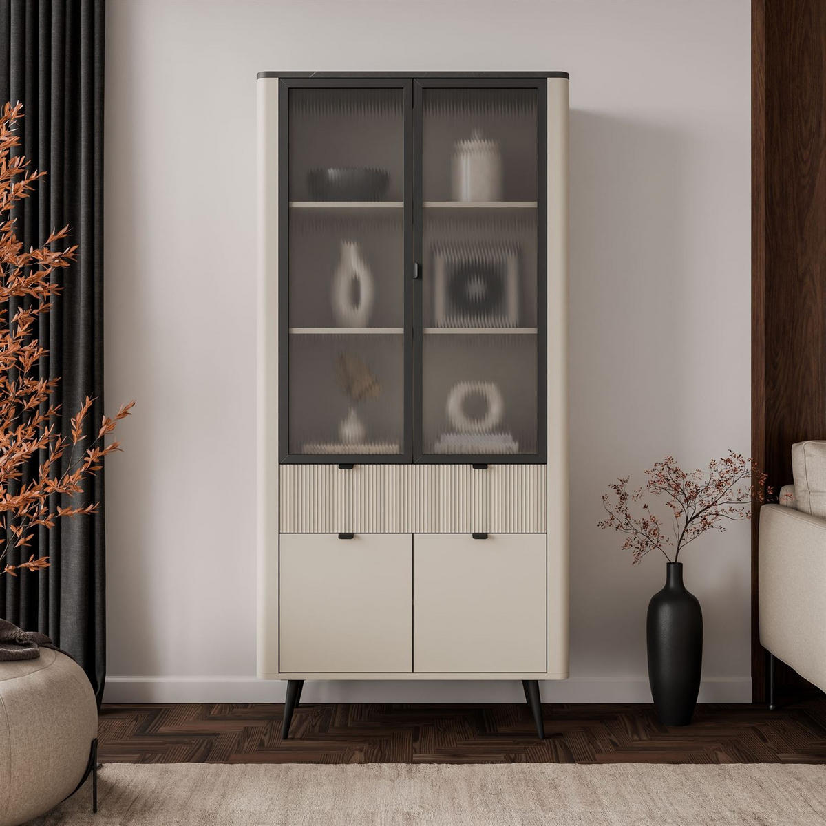 BREITE Vitrine AUTUMN 2D2W1S mit Schublade, Kaschmir / Grauer Stein - Beige, Holzwerkstoff (90/191/40cm) - Lookway