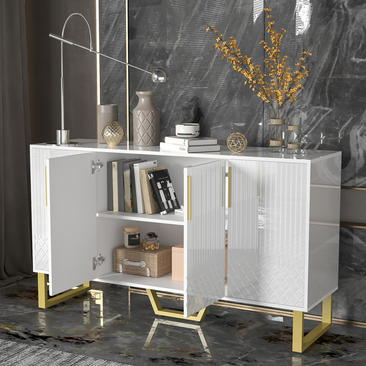 SIDEBOARD in Weiß Anrichte mit 4-Türen-Design und Metallgriffen für Wohnzimmer und Schlafzimmer, B140/T40/H80 cm - Goldfarben/Weiß, Holzwerkstoff/Metall (140/80/40cm) - STILVORA