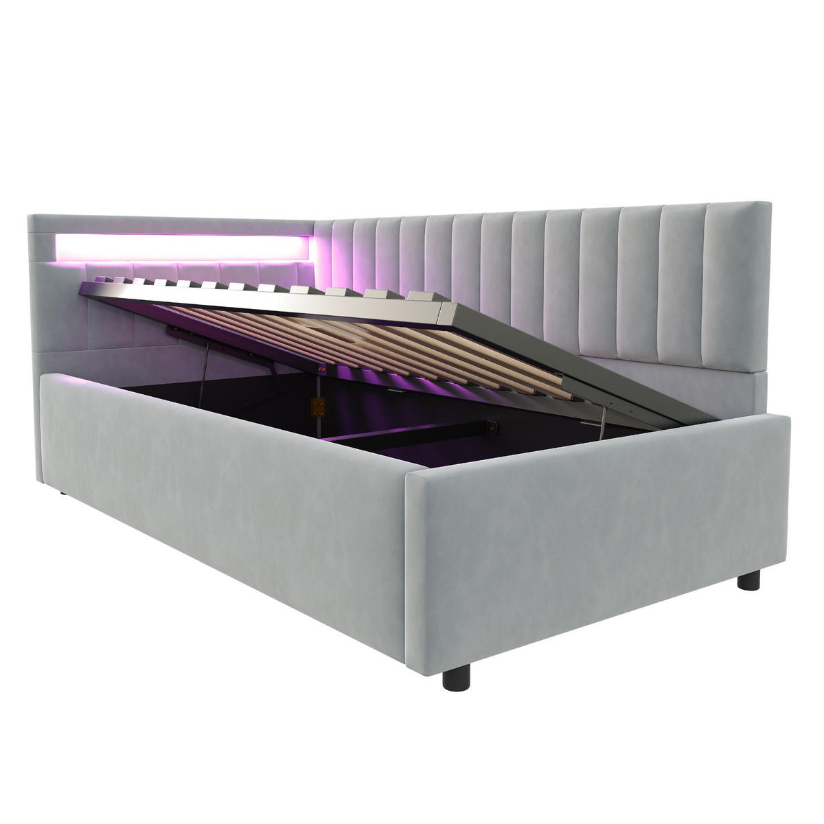 STAURRAUMBETT 90/200 cm DE-01966, in Grau, mit LED, Hydraulik und Streifendesign - Grau, Holzwerkstoff (90/200cm) - ComfortXL