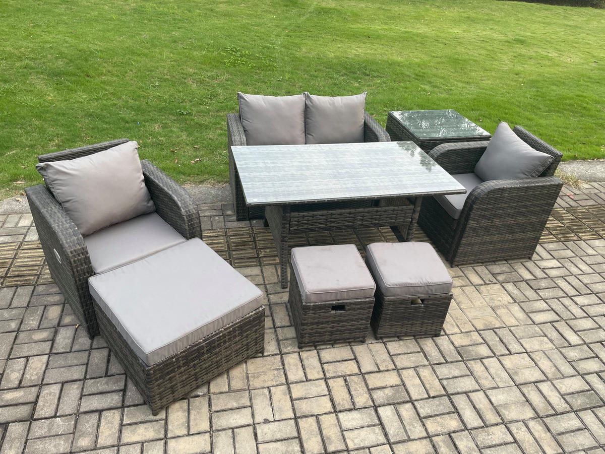 GARTENMÖBEL SET mit Hocker,Beistelltisch,Zweisitzer Polyrattan 7-Sitzer - Dunkelgrau/Grau, Glas/Kunststoff - Fimous