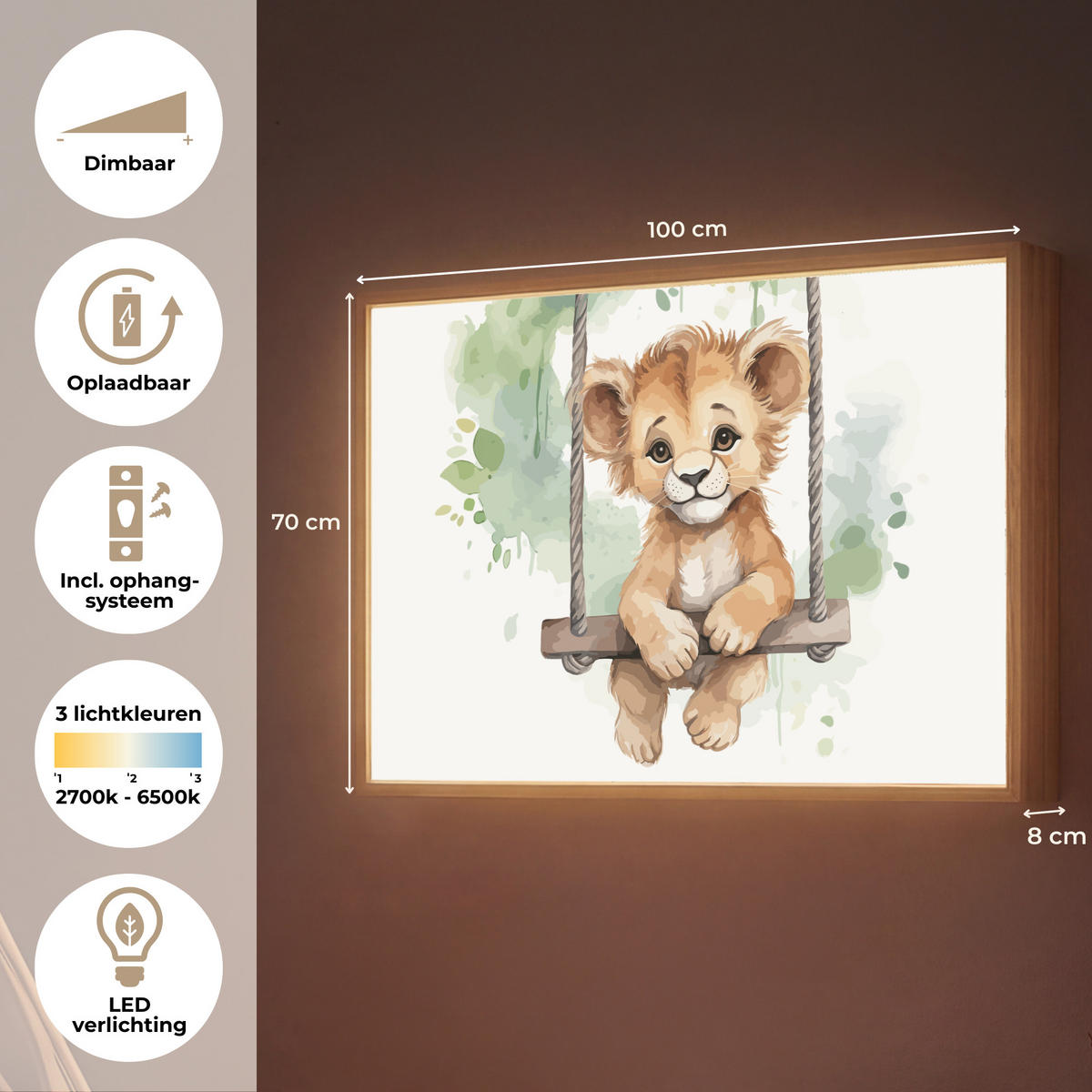 WANDLEUCHTE MIT AKKU Löwe - Tier - Kinder - Dschungel 100x70 cm - Weiß, Holzwerkstoff (100/70/8cm) - OnlyWow